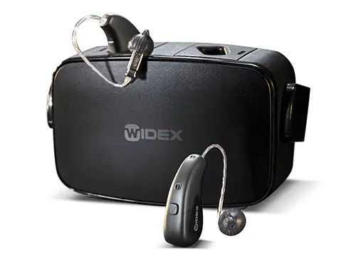 Widex Moment hearing aids with charger